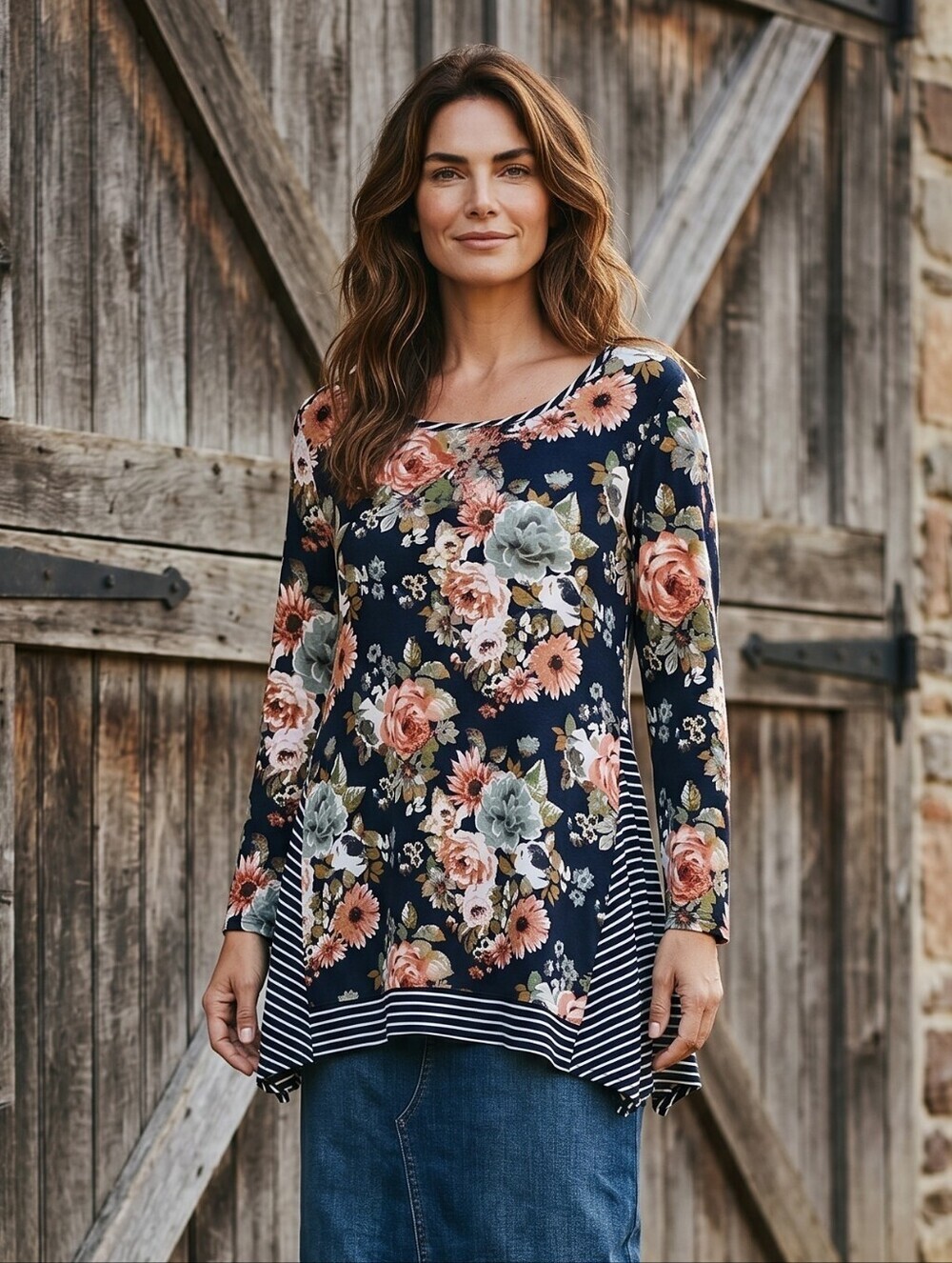 Navy Floral Long Sleeve Top